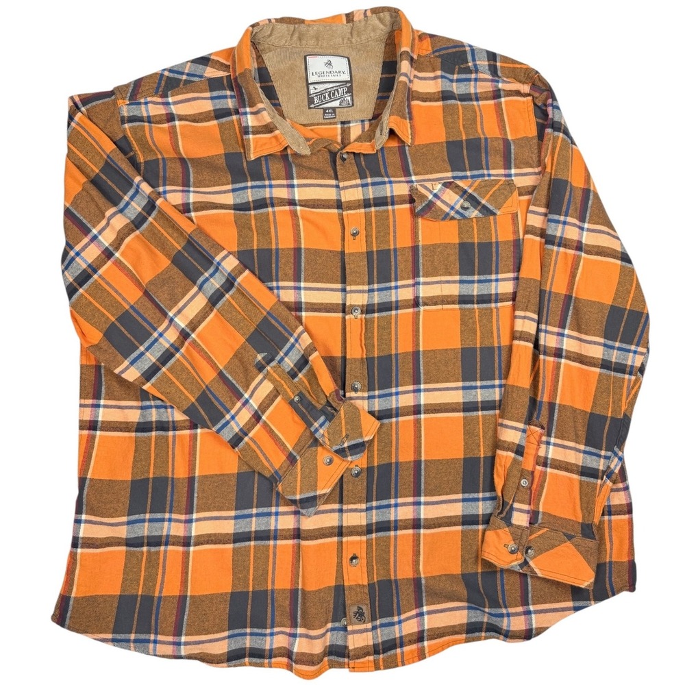 Legendary Whitetails Buck Camp Flannel Shirt Mens 4XL Orange Plaid Corduroy Trim